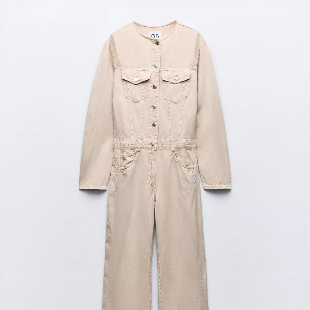 Zara Beige Button-Up Jumpsuit